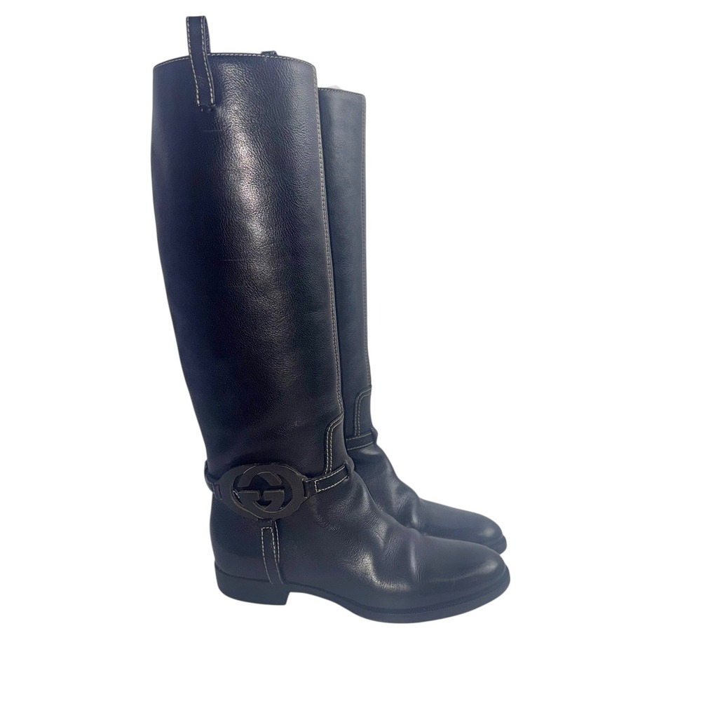Gucci Black Leather‎ Interlocking G Logo Riding Boots Knee High Size 5B